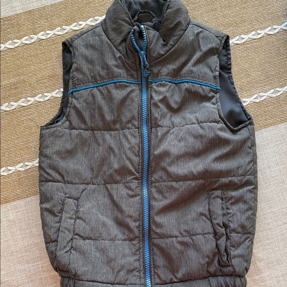 Boys Gray Puffer Vest with Blue Accents